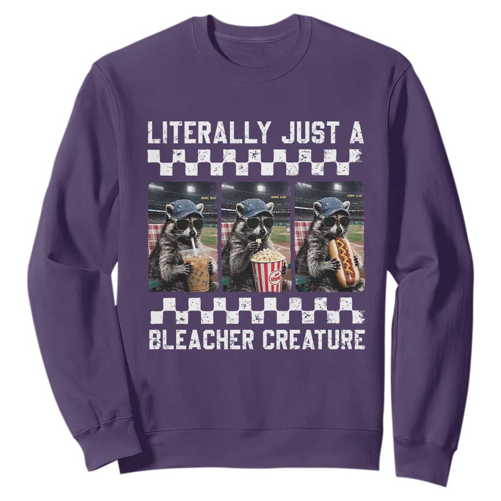 Baseball Raccoon Literally Just a Bleacher Creature Sweatshirt Funny Trash Panda At Ballfield TS11 Purple Print Your Wear