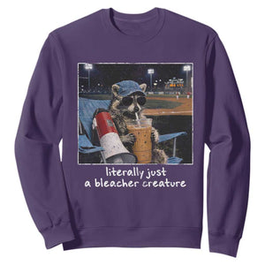 Baseball Raccoon Literally Just a Bleacher Creature Sweatshirt Funny Trash Panda Drinking Iced Coffee Ballfield TS11 Purple Print Your Wear
