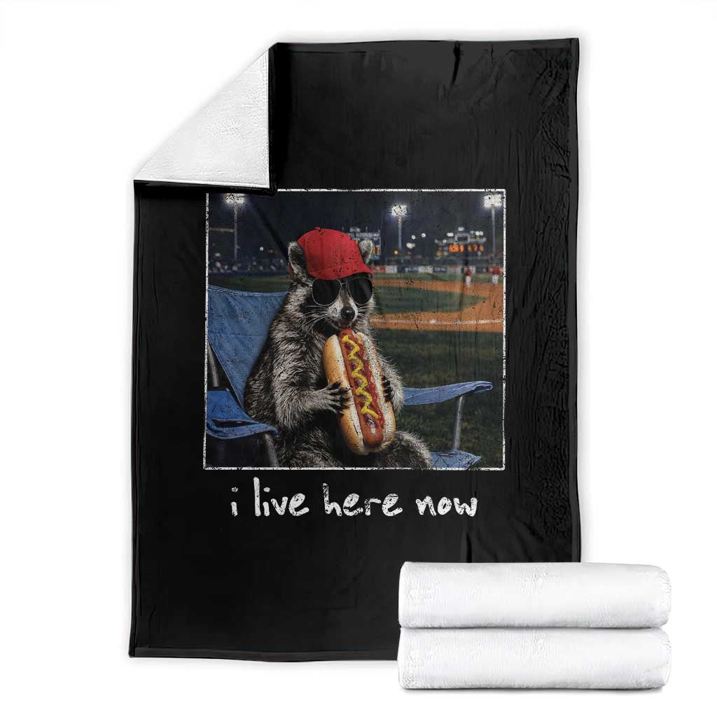 Baseball Raccoon I Live Here Now Throw Blanket Funny Trash Panda Eating Hot Dog Ballfield TS11 Black Print Your Wear