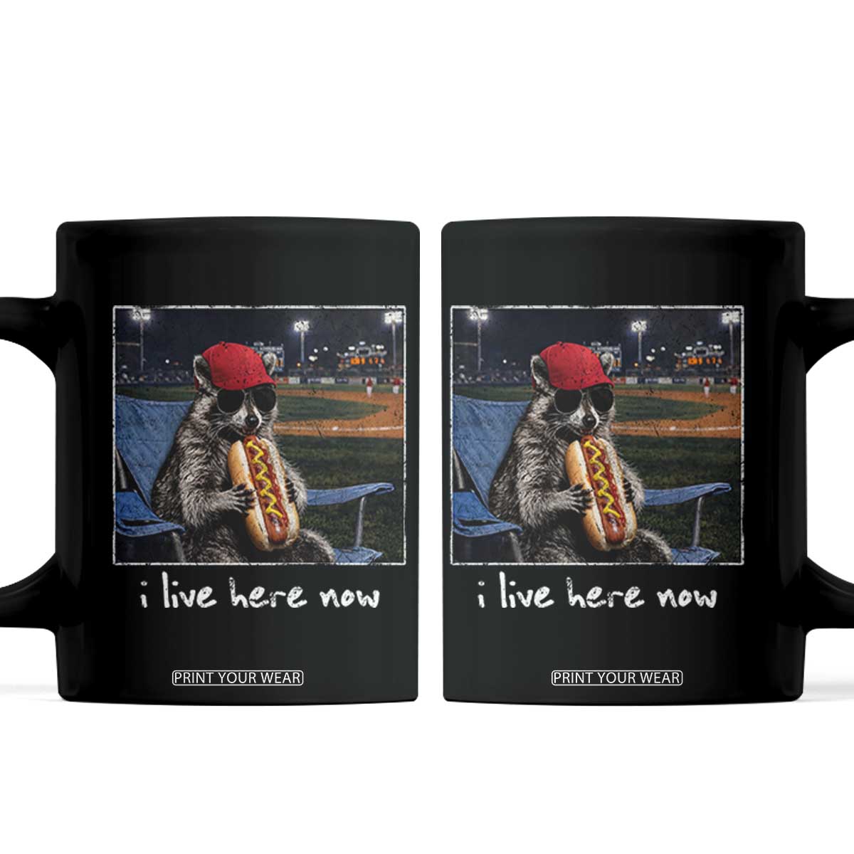 Baseball Raccoon I Live Here Now Coffee Mug Funny Trash Panda Eating Hot Dog Ballfield TS11 Black Print Your Wear