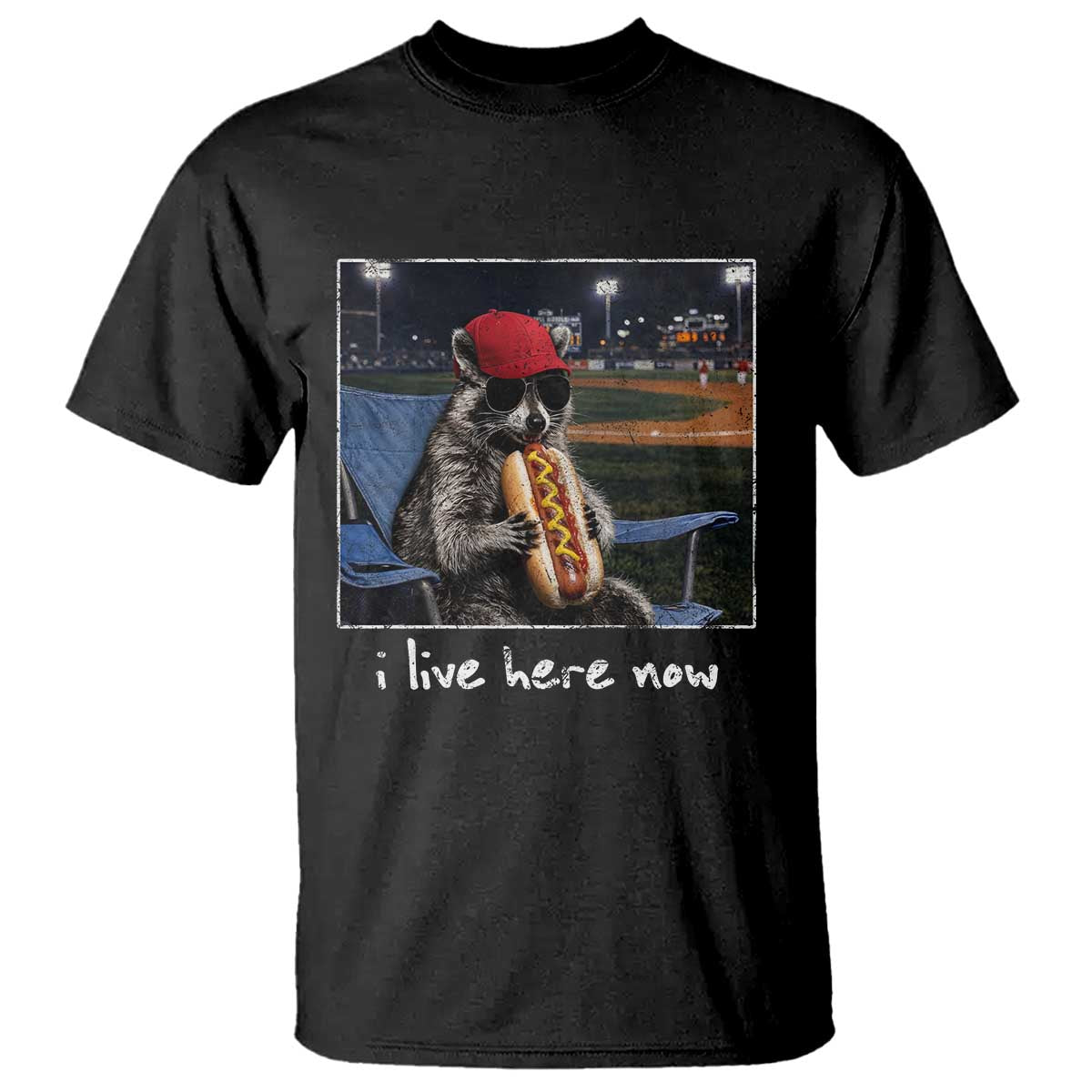 Baseball Raccoon I Live Here Now T Shirt Funny Trash Panda Eating Hot Dog Ballfield TS11 Black Print Your Wear