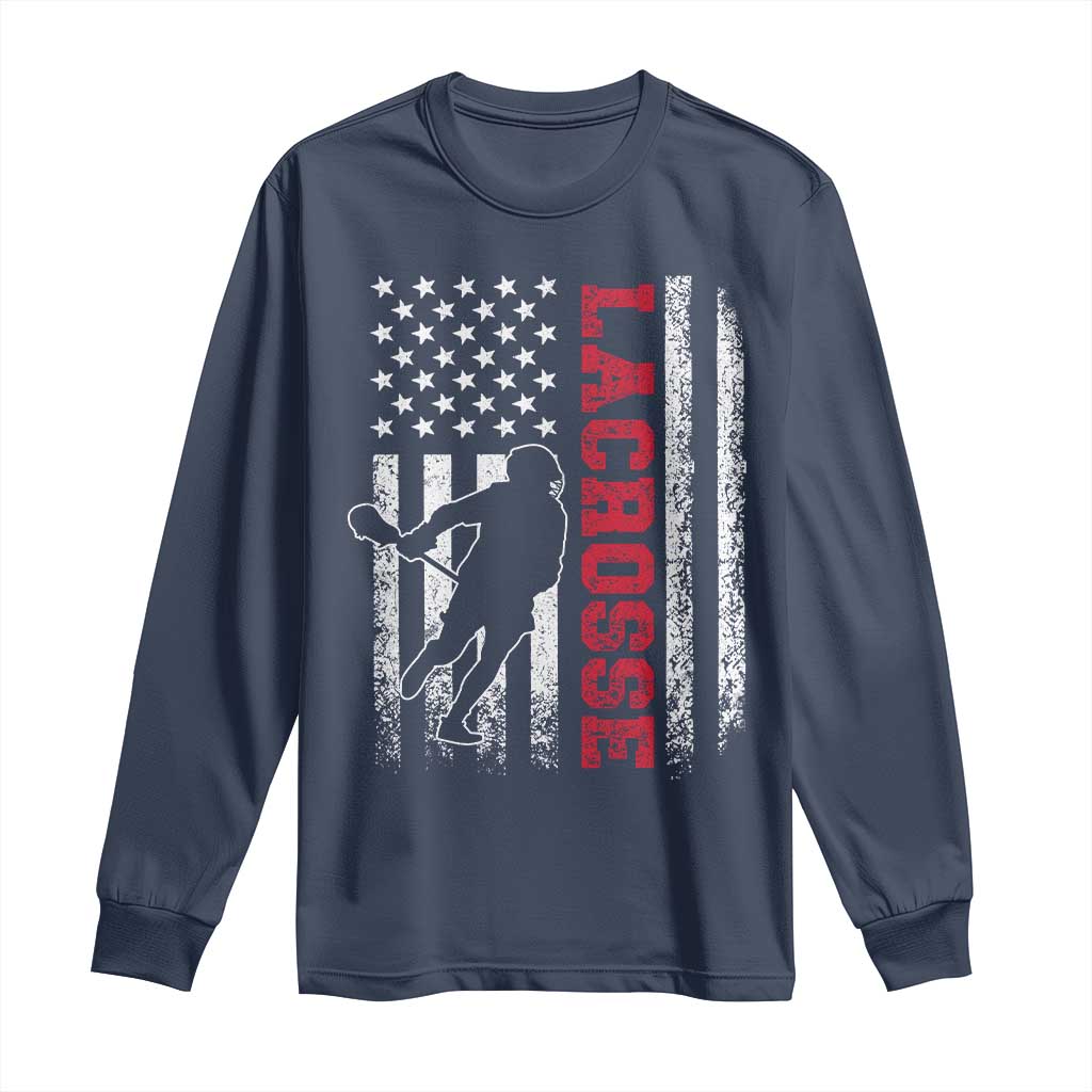 Lacrosse American Flag Lax Men 4th of July Long Sleeve Shirt TS11 Navy Print Your Wear