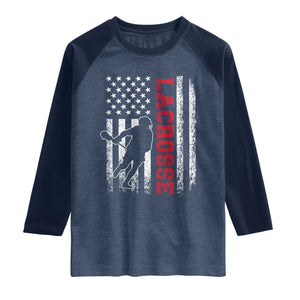 Lacrosse American Flag Lax Men 4th of July Raglan Shirt TS11 Heather Denim Navy Print Your Wear