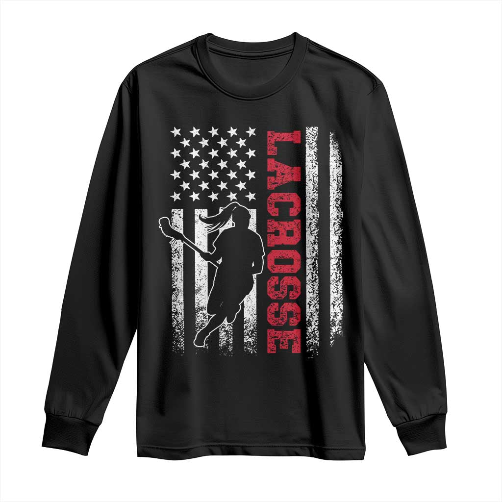 Lacrosse American Flag Lax Women 4th of July Long Sleeve Shirt TS11 Black Print Your Wear