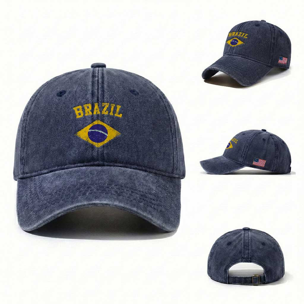 Vintage Brazil Flag Patriotic Brazilian Pride Washed Cotton Baseball Cap TS11 Washed Cap Universal Fit Navy Print Your Wear