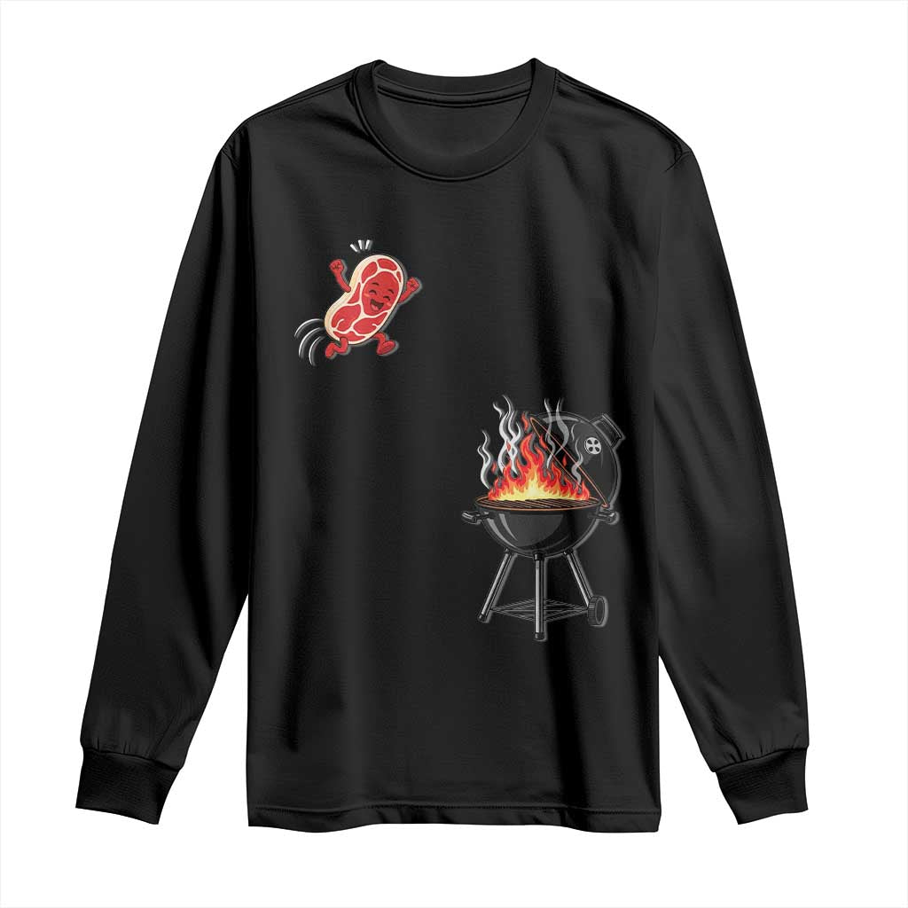 Funny BBQ Steak Meme Cute Meat Jumping Into Grill Long Sleeve Shirt TS11 Black Print Your Wear