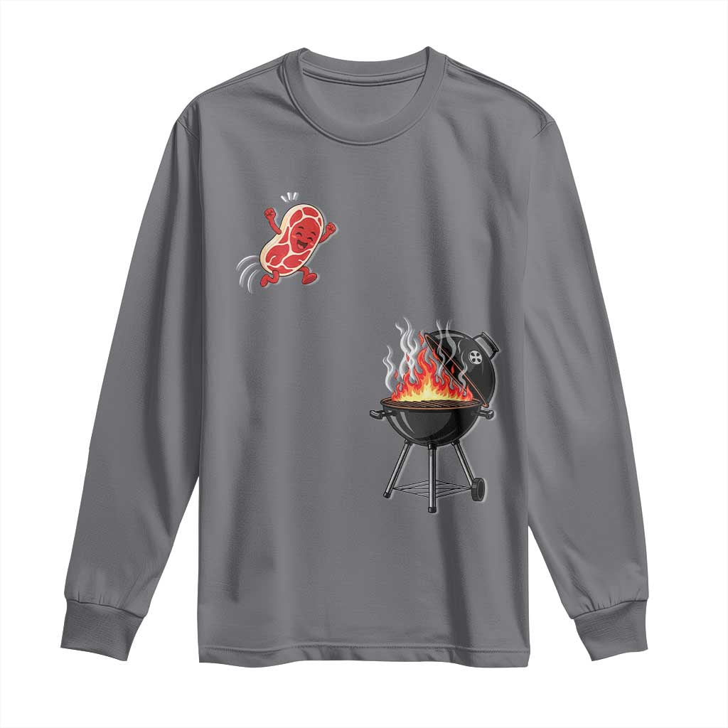 Funny BBQ Steak Meme Cute Meat Jumping Into Grill Long Sleeve Shirt TS11 Charcoal Print Your Wear
