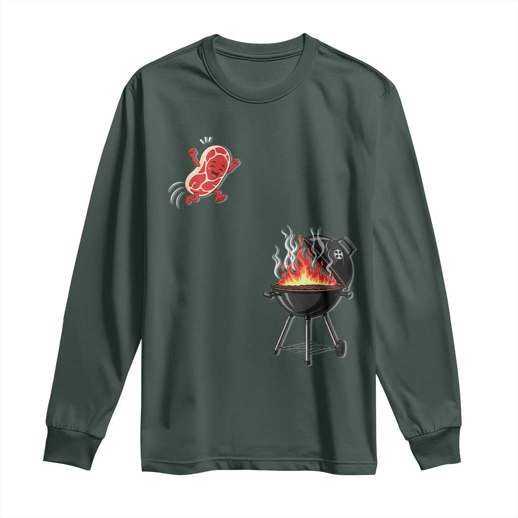 Funny BBQ Steak Meme Cute Meat Jumping Into Grill Long Sleeve Shirt TS11 Dark Forest Green Print Your Wear