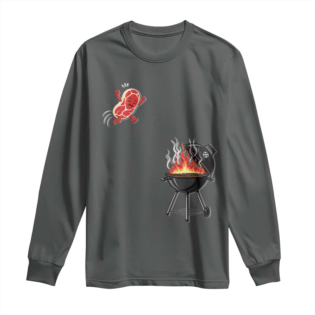 Funny BBQ Steak Meme Cute Meat Jumping Into Grill Long Sleeve Shirt TS11 Dark Heather Print Your Wear