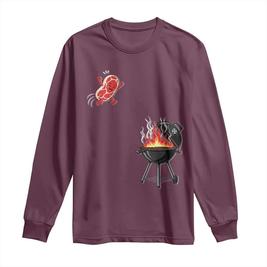 Funny BBQ Steak Meme Cute Meat Jumping Into Grill Long Sleeve Shirt TS11 Maroon Print Your Wear