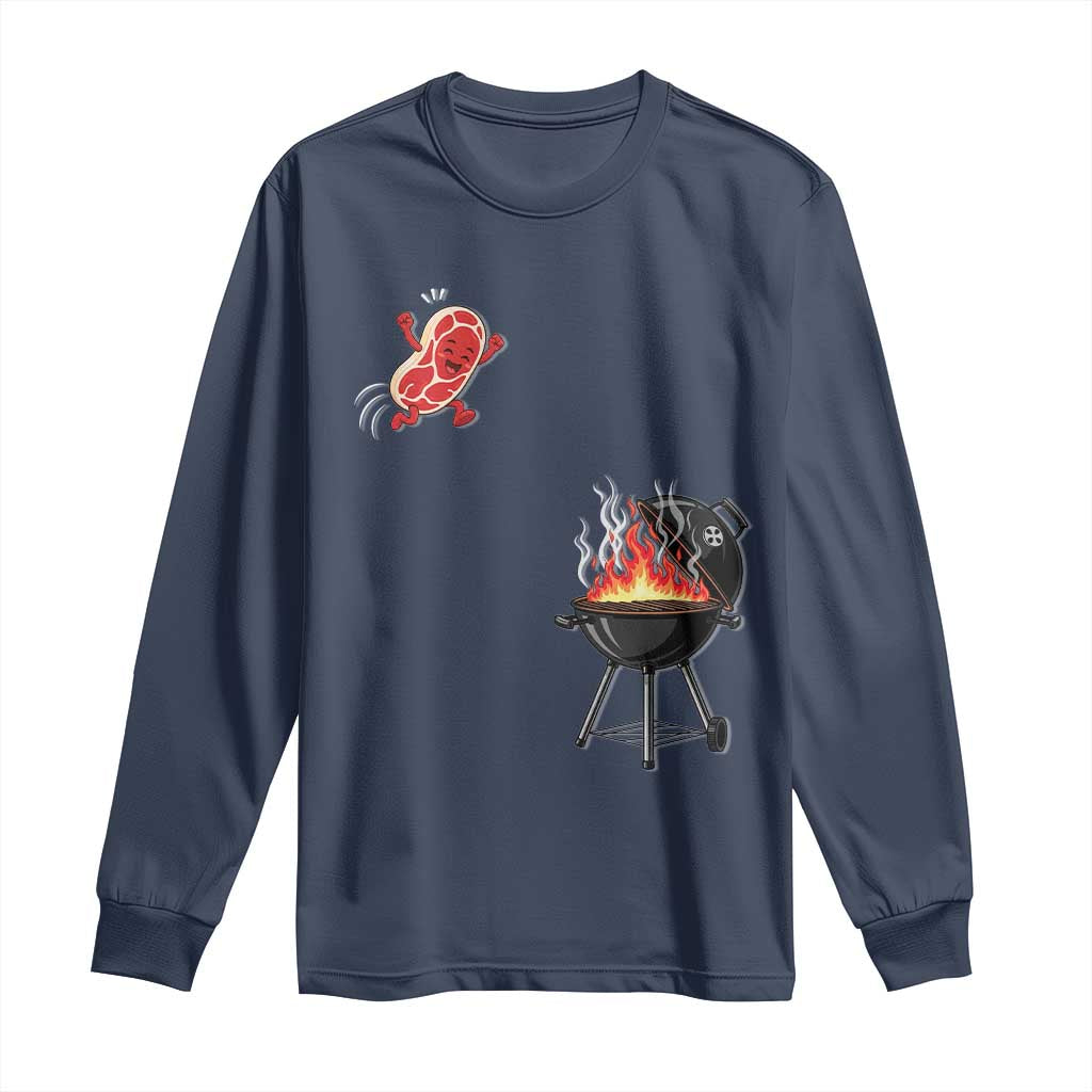 Funny BBQ Steak Meme Cute Meat Jumping Into Grill Long Sleeve Shirt TS11 Navy Print Your Wear