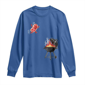 Funny BBQ Steak Meme Cute Meat Jumping Into Grill Long Sleeve Shirt TS11 Royal Blue Print Your Wear