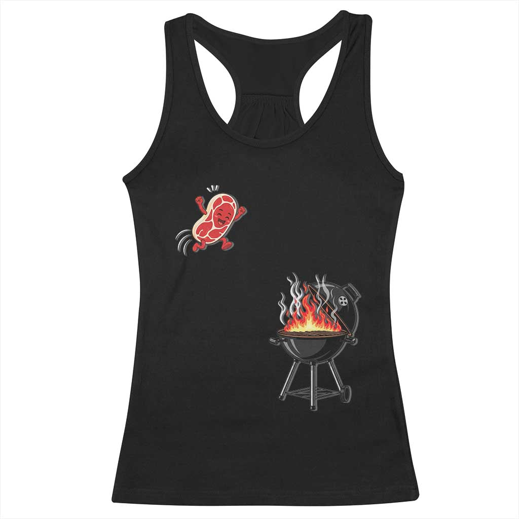 Funny BBQ Steak Meme Cute Meat Jumping Into Grill Racerback Tank Top TS11 Black Print Your Wear
