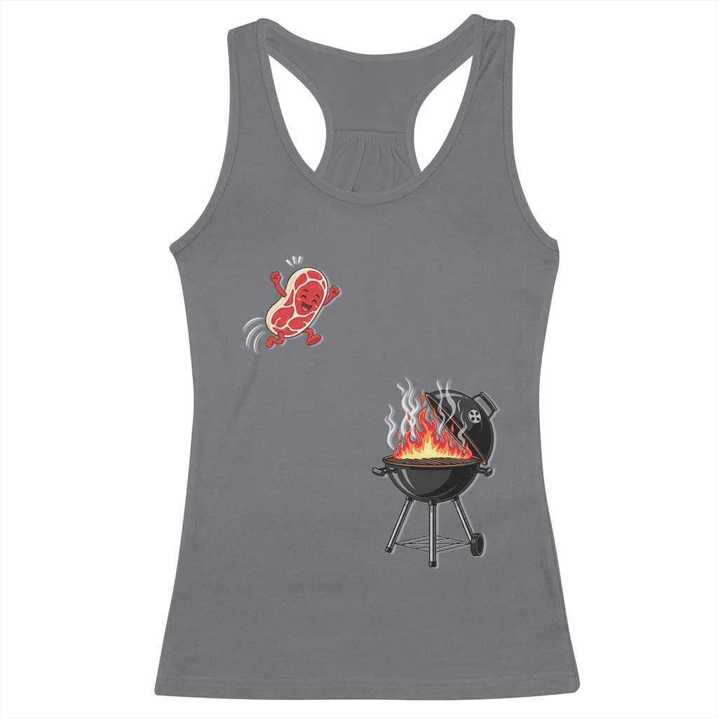 Funny BBQ Steak Meme Cute Meat Jumping Into Grill Racerback Tank Top TS11 Charcoal Print Your Wear