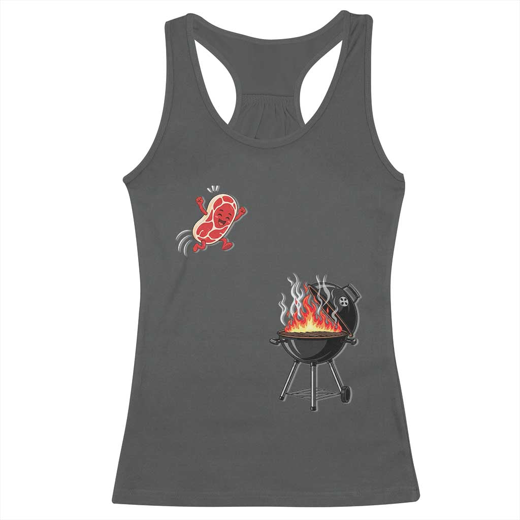 Funny BBQ Steak Meme Cute Meat Jumping Into Grill Racerback Tank Top TS11 Dark Heather Print Your Wear