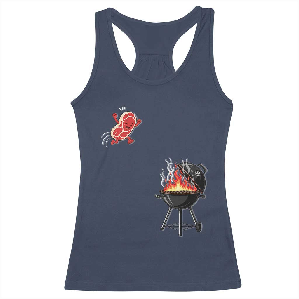 Funny BBQ Steak Meme Cute Meat Jumping Into Grill Racerback Tank Top TS11 Navy Print Your Wear