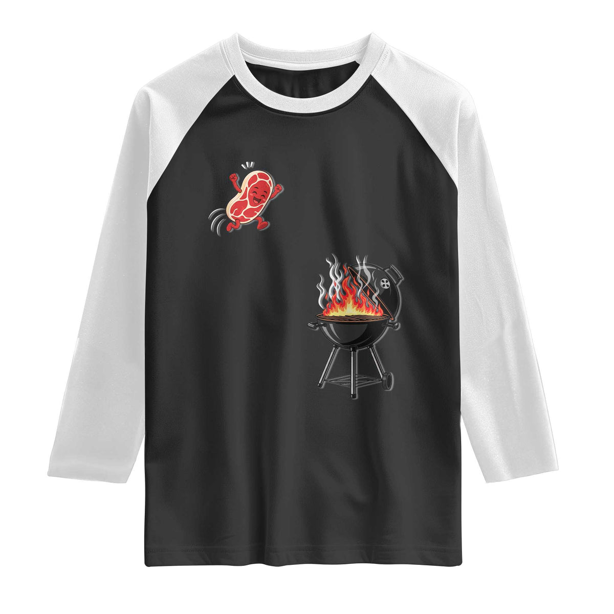 Funny BBQ Steak Meme Cute Meat Jumping Into Grill Raglan Shirt TS11 Black White Print Your Wear