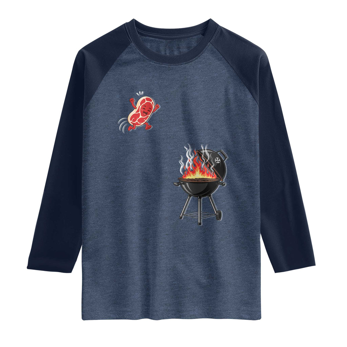 Funny BBQ Steak Meme Cute Meat Jumping Into Grill Raglan Shirt TS11 Heather Denim Navy Print Your Wear