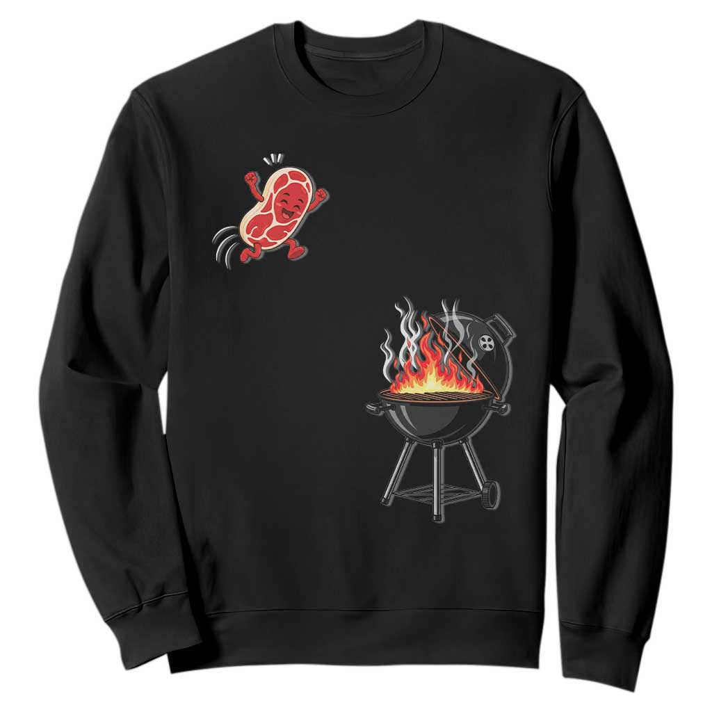 Funny BBQ Steak Meme Cute Meat Jumping Into Grill Sweatshirt TS11 Black Print Your Wear