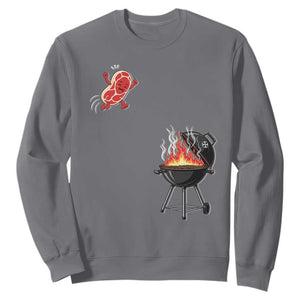 Funny BBQ Steak Meme Cute Meat Jumping Into Grill Sweatshirt TS11 Charcoal Print Your Wear