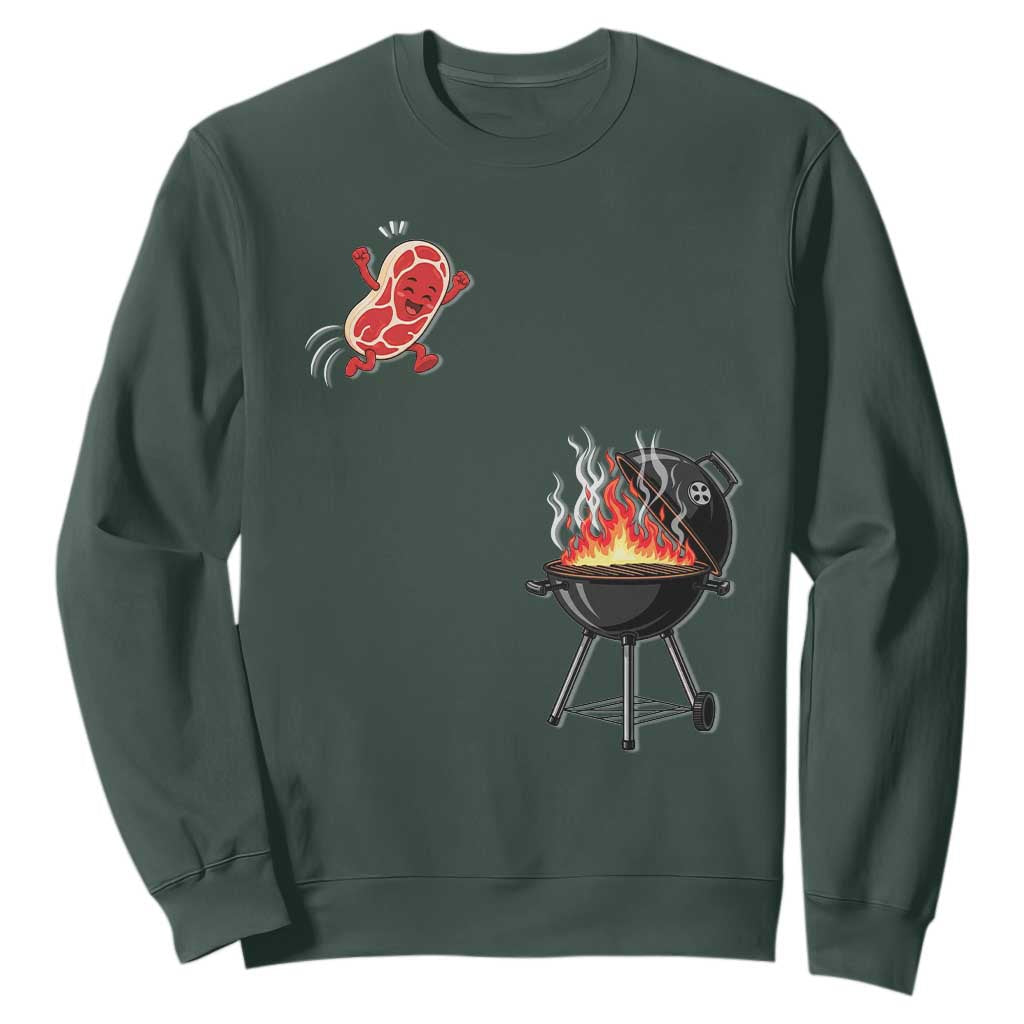 Funny BBQ Steak Meme Cute Meat Jumping Into Grill Sweatshirt TS11 Dark Forest Green Print Your Wear