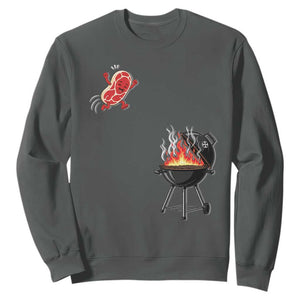 Funny BBQ Steak Meme Cute Meat Jumping Into Grill Sweatshirt TS11 Dark Heather Print Your Wear