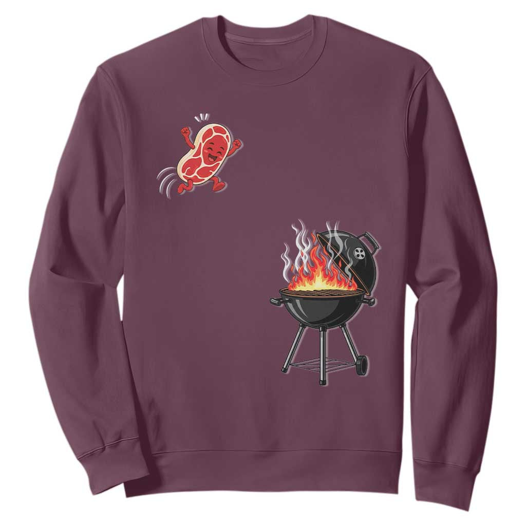 Funny BBQ Steak Meme Cute Meat Jumping Into Grill Sweatshirt TS11 Maroon Print Your Wear