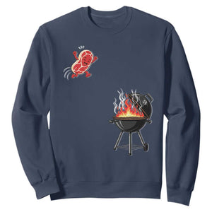 Funny BBQ Steak Meme Cute Meat Jumping Into Grill Sweatshirt TS11 Navy Print Your Wear