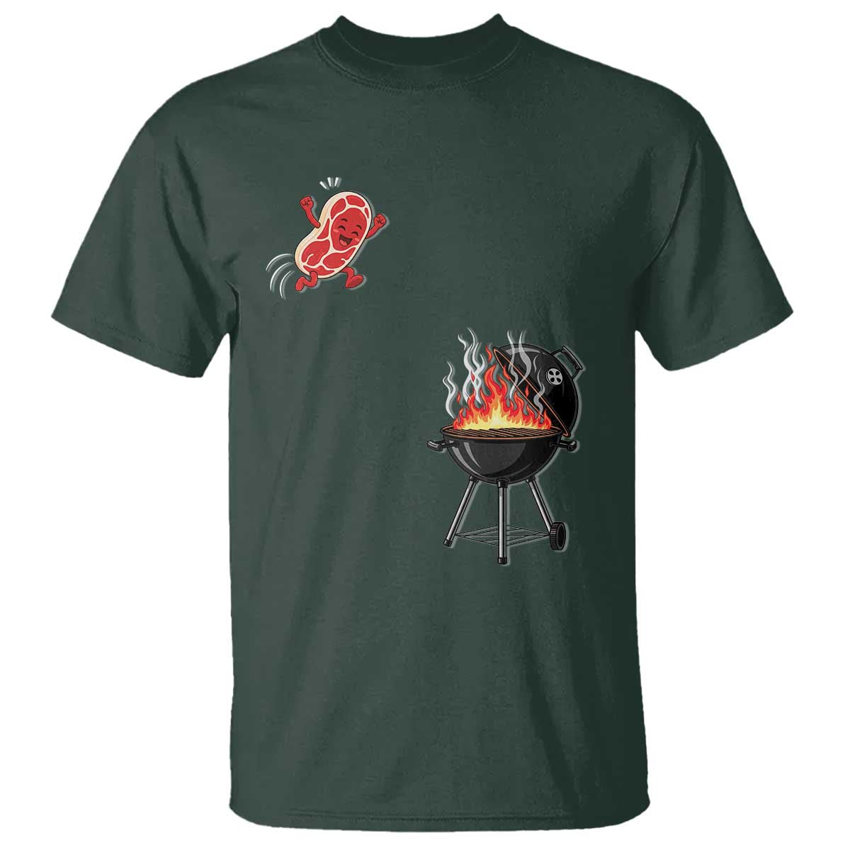 Funny BBQ Steak Meme Cute Meat Jumping Into Grill T Shirt TS11 Dark Forest Green Print Your Wear