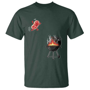 Funny BBQ Steak Meme Cute Meat Jumping Into Grill T Shirt TS11 Dark Forest Green Print Your Wear
