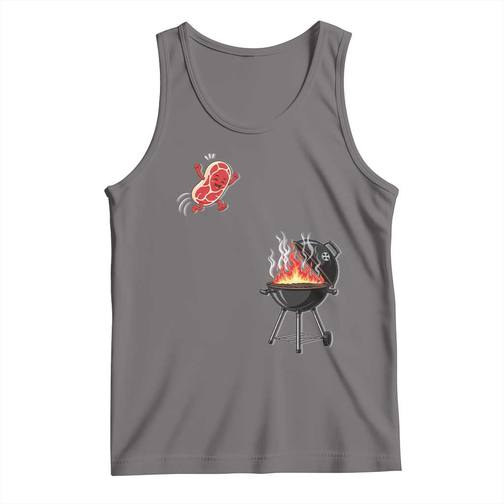 Funny BBQ Steak Meme Cute Meat Jumping Into Grill Tank Top TS11 Deep Heather Print Your Wear