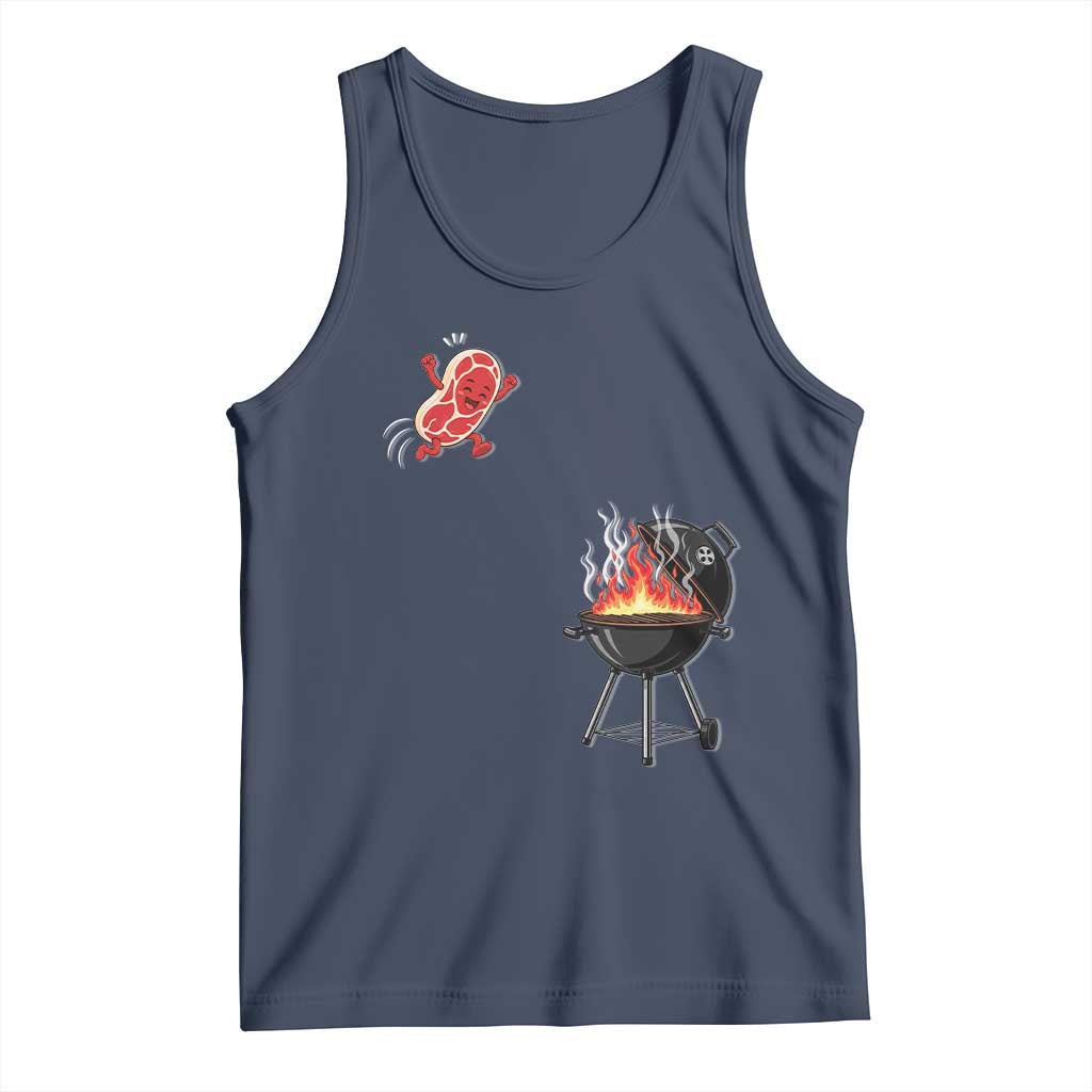 Funny BBQ Steak Meme Cute Meat Jumping Into Grill Tank Top TS11 Navy Print Your Wear