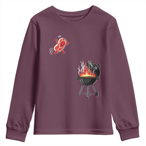 Funny BBQ Steak Meme Cute Meat Jumping Into Grill Youth Sweatshirt TS11 Maroon Print Your Wear