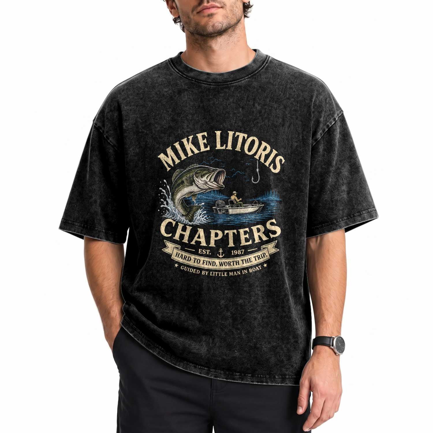 Mike Litoris Chapters Funny Fishing Adult Humor Washed Cotton T-Shirt Innuendo Joke Gag Gifts