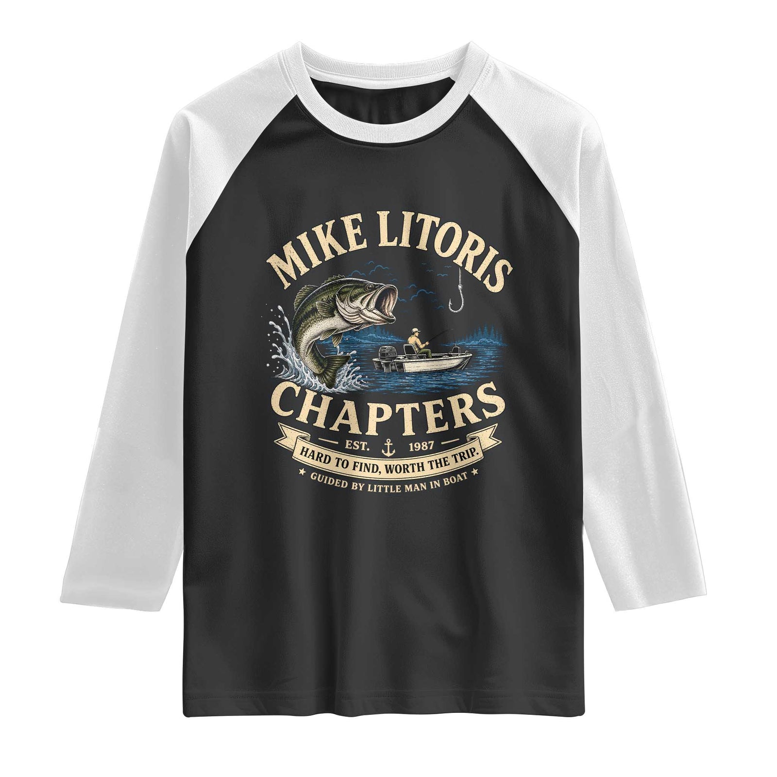 Mike Litoris Chapters Funny Fishing Adult Humor Raglan Shirt Innuendo Joke Gag Gifts