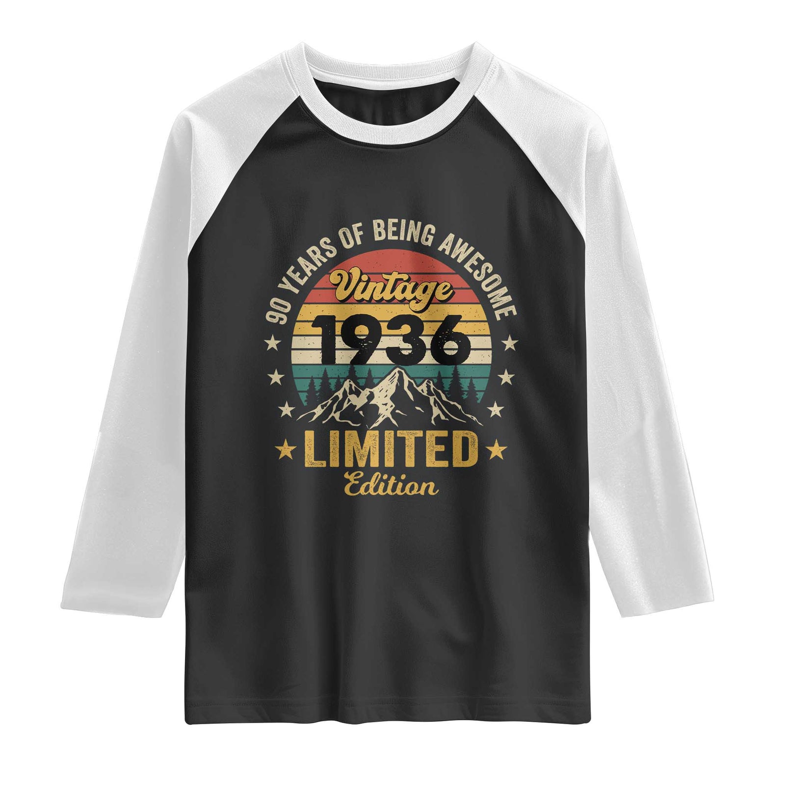 90th Birthday Raglan Shirt Vintage 1936 Limited Edition Retro 90 Years Of Being Awesome Mountain TS11 Black White Print Your Wear