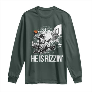 Funny Jesus Basketball Long Sleeve Shirt He Is Rizzin Sport Player Meme TS11 Dark Forest Green Print Your Wear