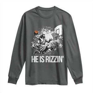 Funny Jesus Basketball Long Sleeve Shirt He Is Rizzin Sport Player Meme TS11 Dark Heather Print Your Wear