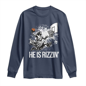 Funny Jesus Basketball Long Sleeve Shirt He Is Rizzin Sport Player Meme TS11 Navy Print Your Wear