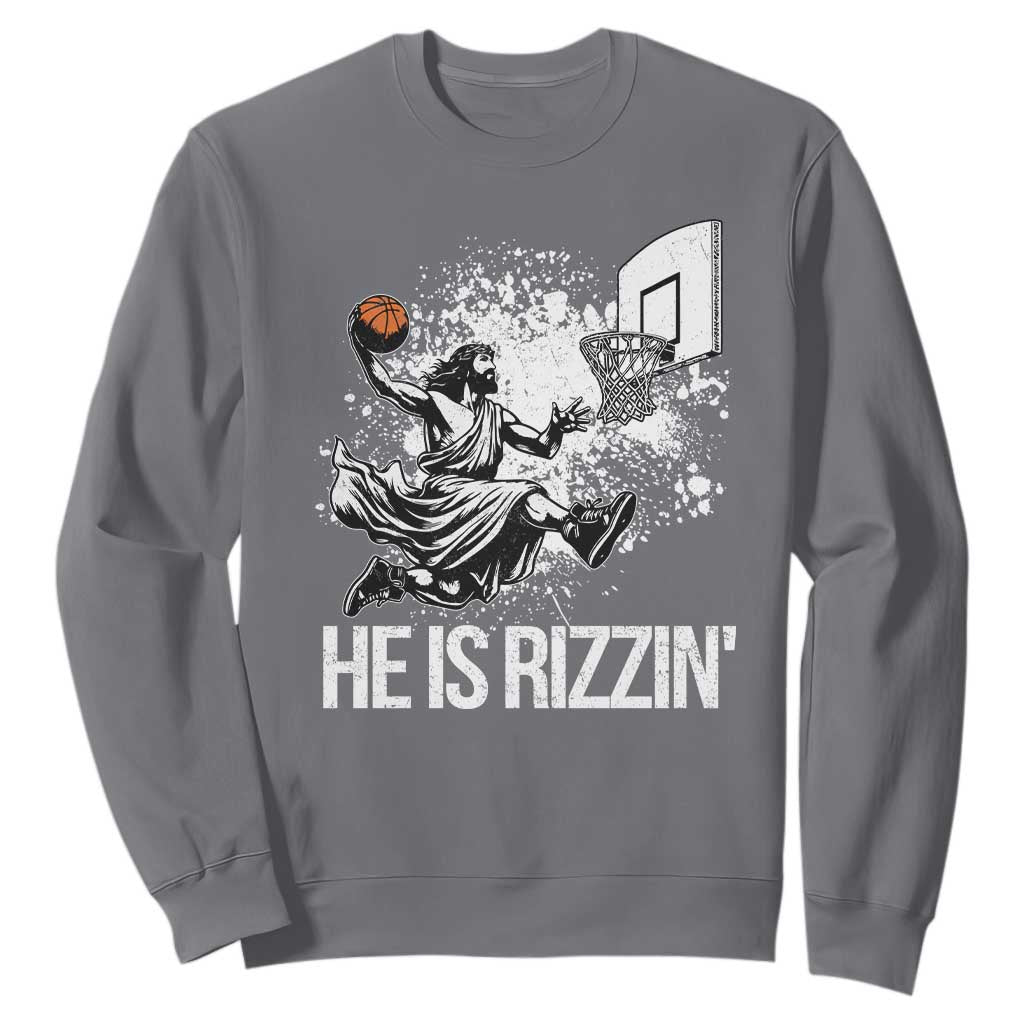 Funny Jesus Basketball Sweatshirt He Is Rizzin Sport Player Meme TS11 Charcoal Print Your Wear