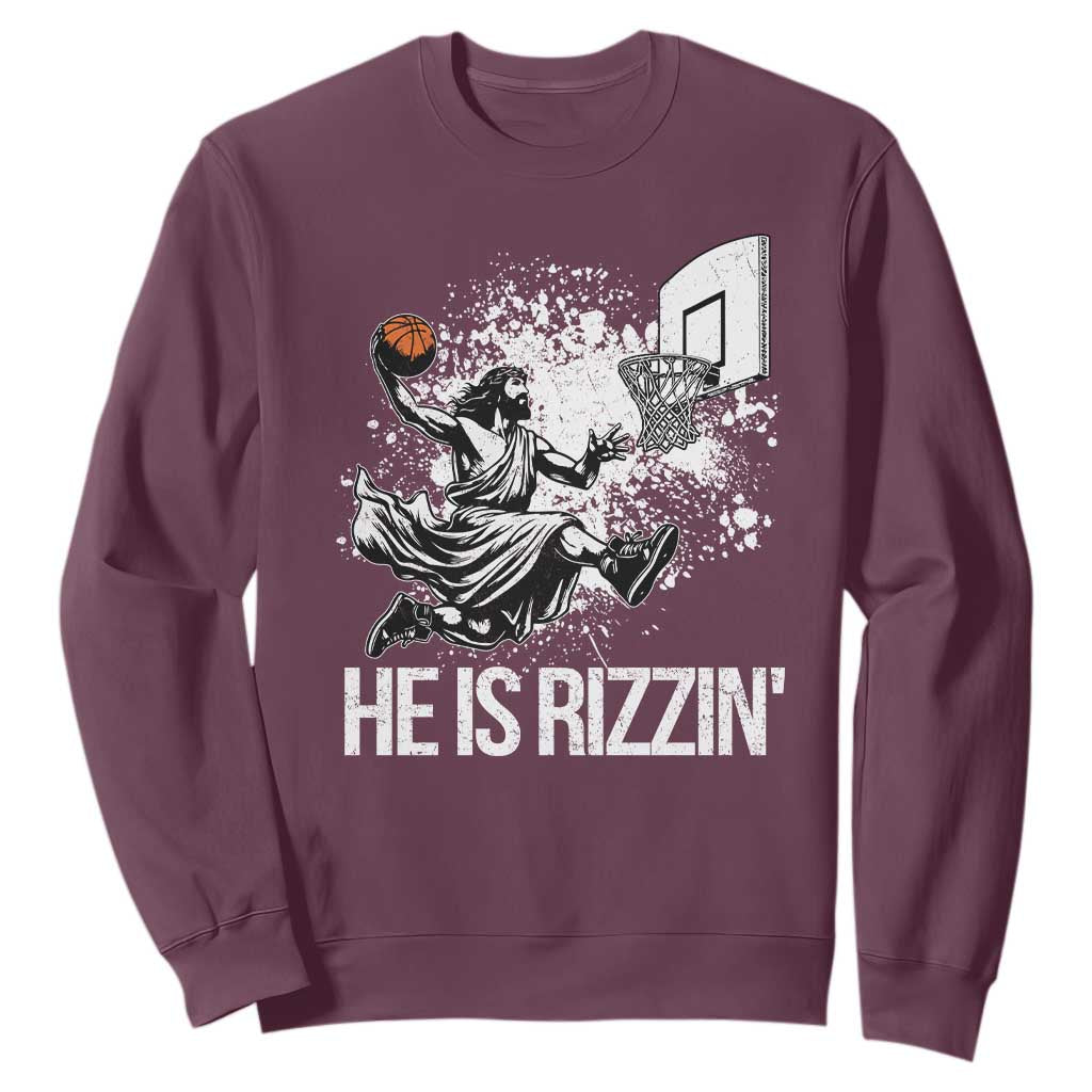 Funny Jesus Basketball Sweatshirt He Is Rizzin Sport Player Meme TS11 Maroon Print Your Wear