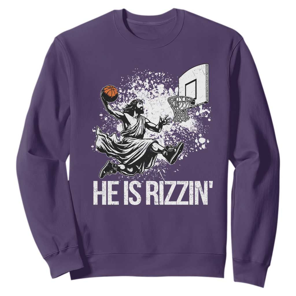 Funny Jesus Basketball Sweatshirt He Is Rizzin Sport Player Meme TS11 Purple Print Your Wear
