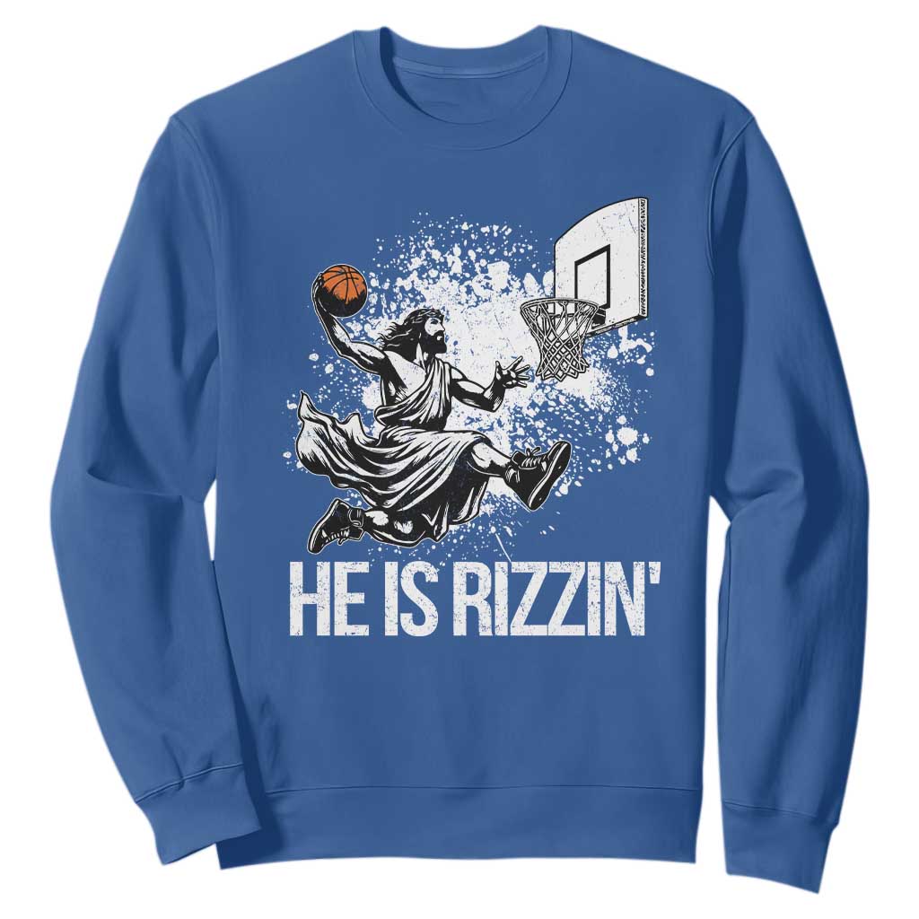 Funny Jesus Basketball Sweatshirt He Is Rizzin Sport Player Meme TS11 Royal Blue Print Your Wear