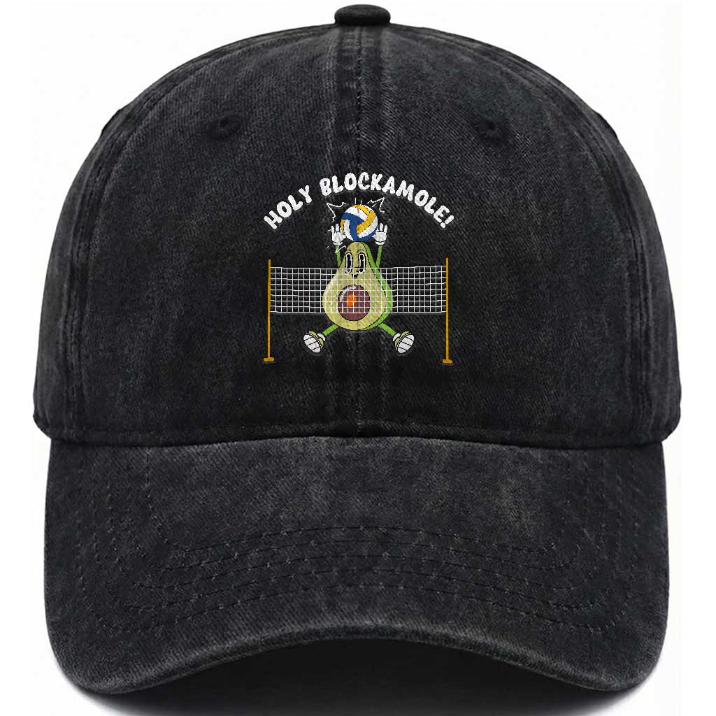 Funny Volleyball Holy Blockamole Washed Cotton Baseball Cap Blocker Guacamole Avocado Blocker