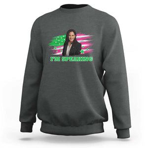 Kamala I'm Speaking Sweatshirt Harris Quote Pink USA Flag TS11 Dark Heather Print Your Wear