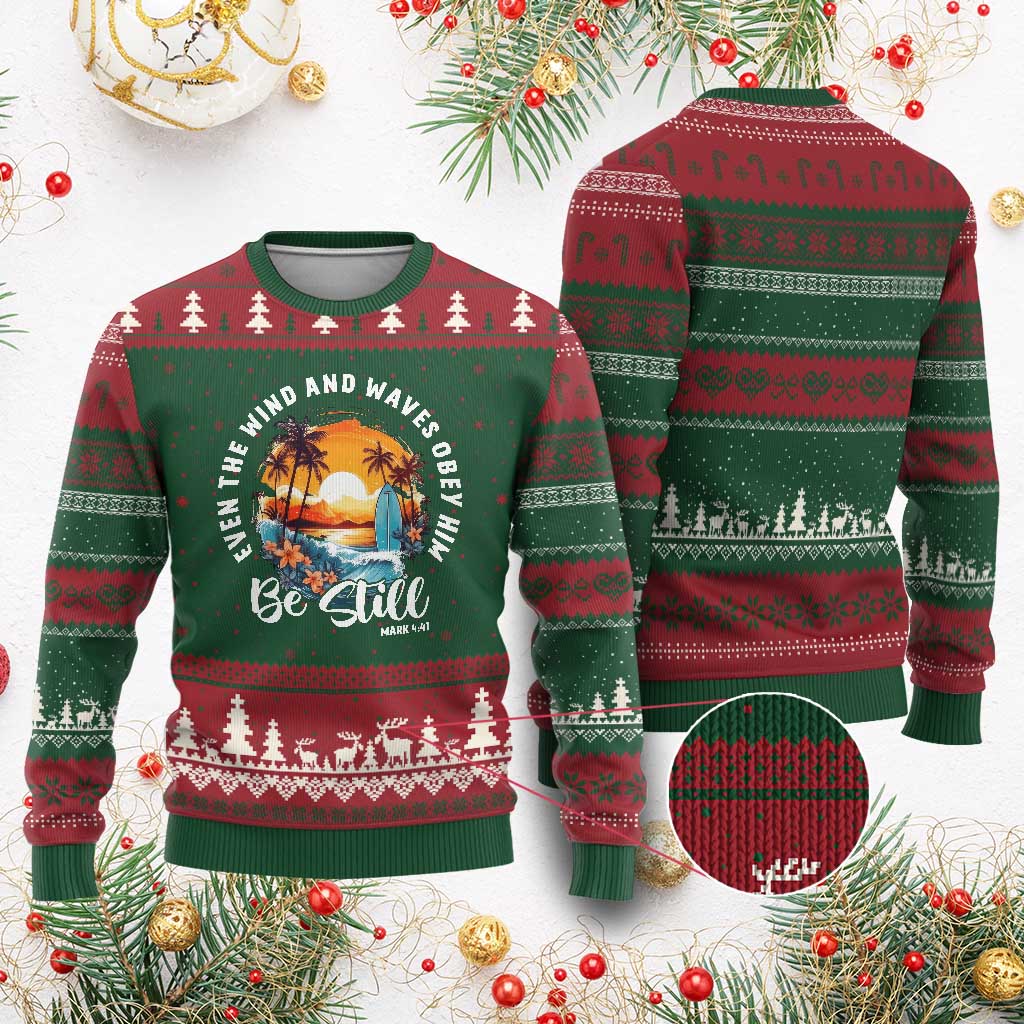Even The Wind And Waves Obey Him Be Still Ugly Christmas Sweater Christian Bible Verse Summer Vacation TS11 Red Green Print Your Wear