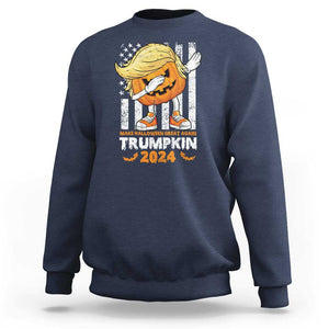 Funny Trump Supporter Sweatshirt Trumpkin Make Halloween Great Again 2024 Bat Pumpkin TS11 Navy Print Your Wear