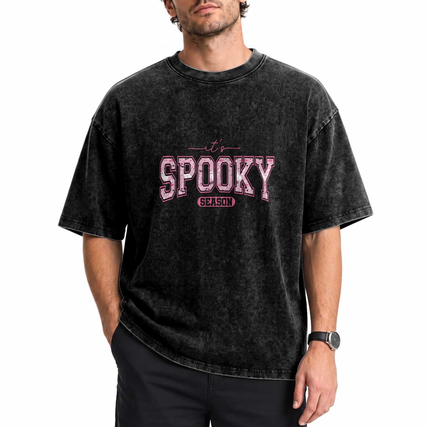 Funny Halloween Washed Cotton T-Shirt It's Spooky Season Pink Pumpkin Cute Cat