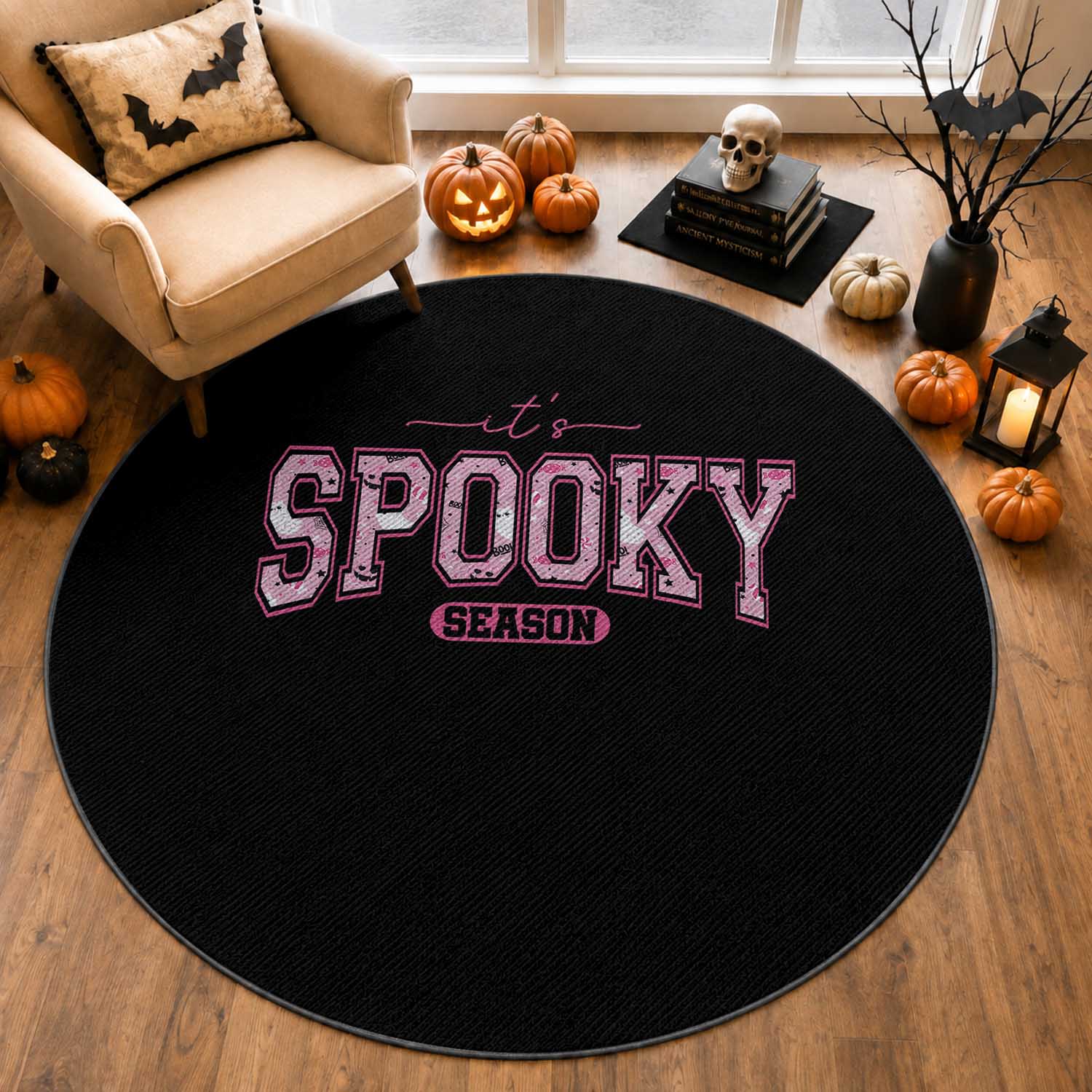 Funny Halloween Round Rug It's Spooky Season Pink Pumpkin Cute Cat