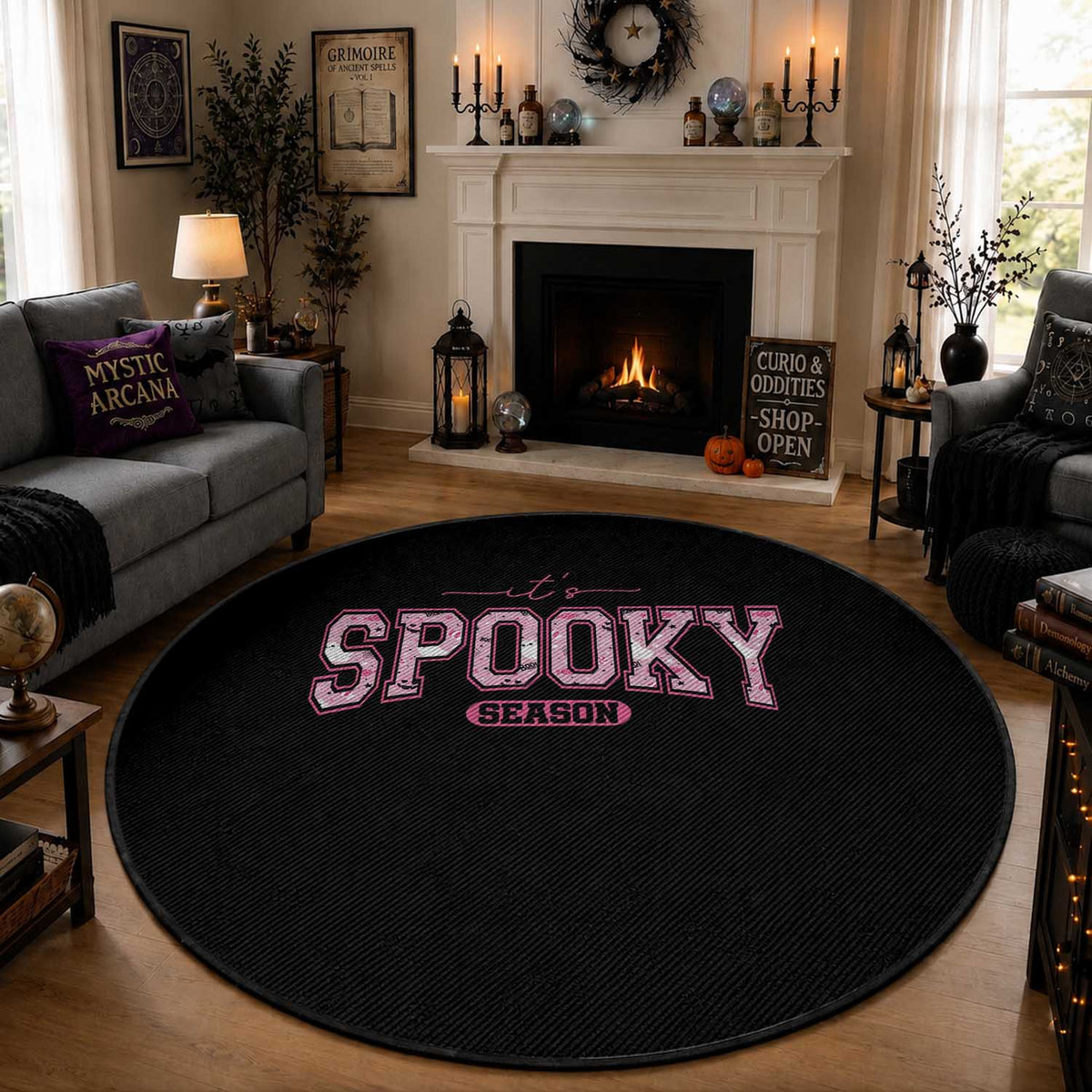 Funny Halloween Round Rug It's Spooky Season Pink Pumpkin Cute Cat